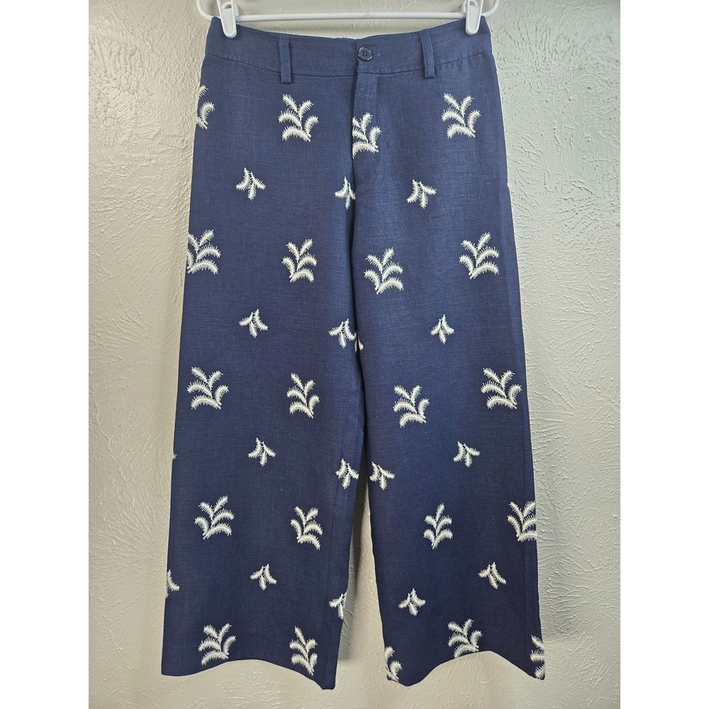 Tahari Linen Blend Wide Leg Pant Navy Blue Tropical Embroidered Nautical Coastal
